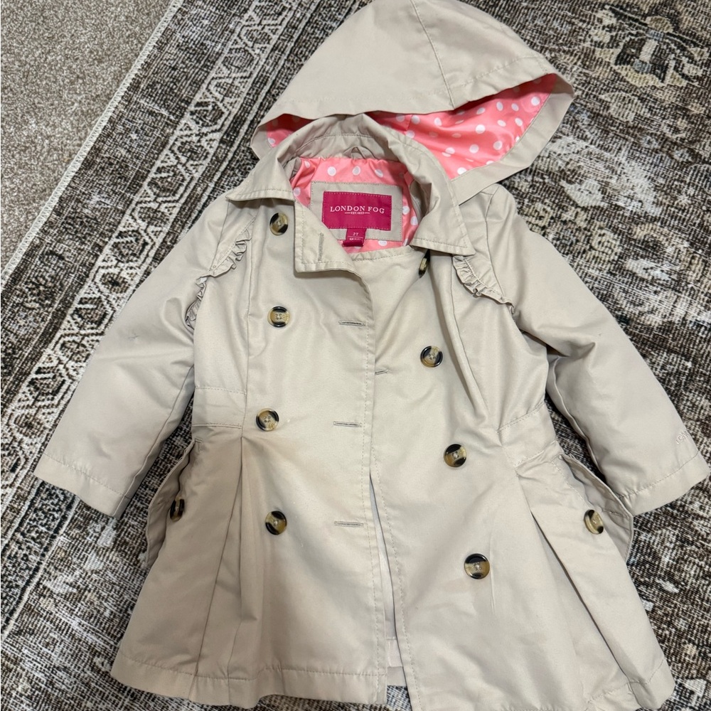 London Fog Beige Girls' Hooded Trench Coat with Pink Polka Dot Lining